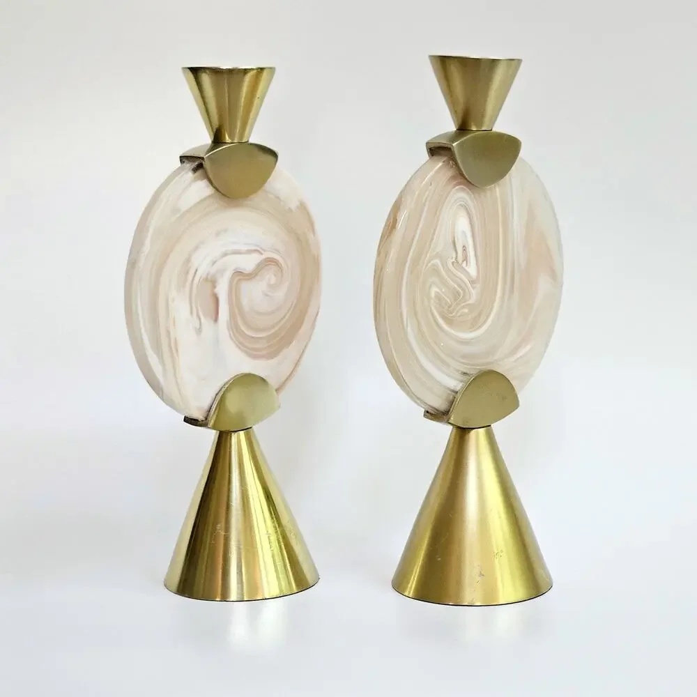 Anthropologie Francine Taper Candle Holder | Modern Blush Swirl Glass and Brass